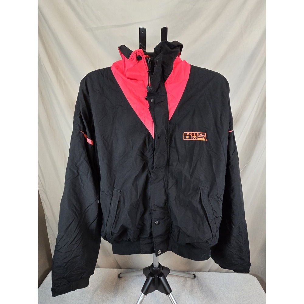 Vintage OMEGA Sz XL Pink Black Zip Front Nylon Windbreaker Jacket